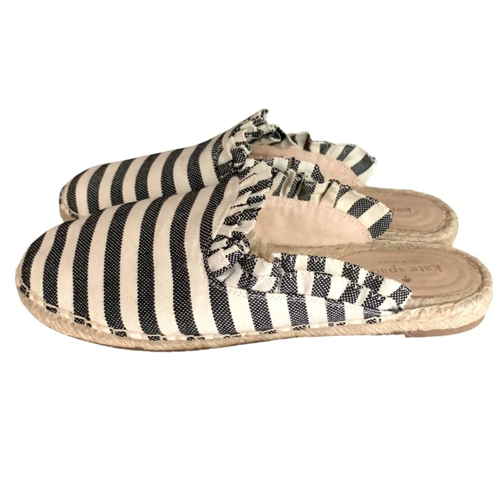 Kate Spade Laila Black Cream Striped Ruffle Trim Espadrille Mules Coastal Sz 9